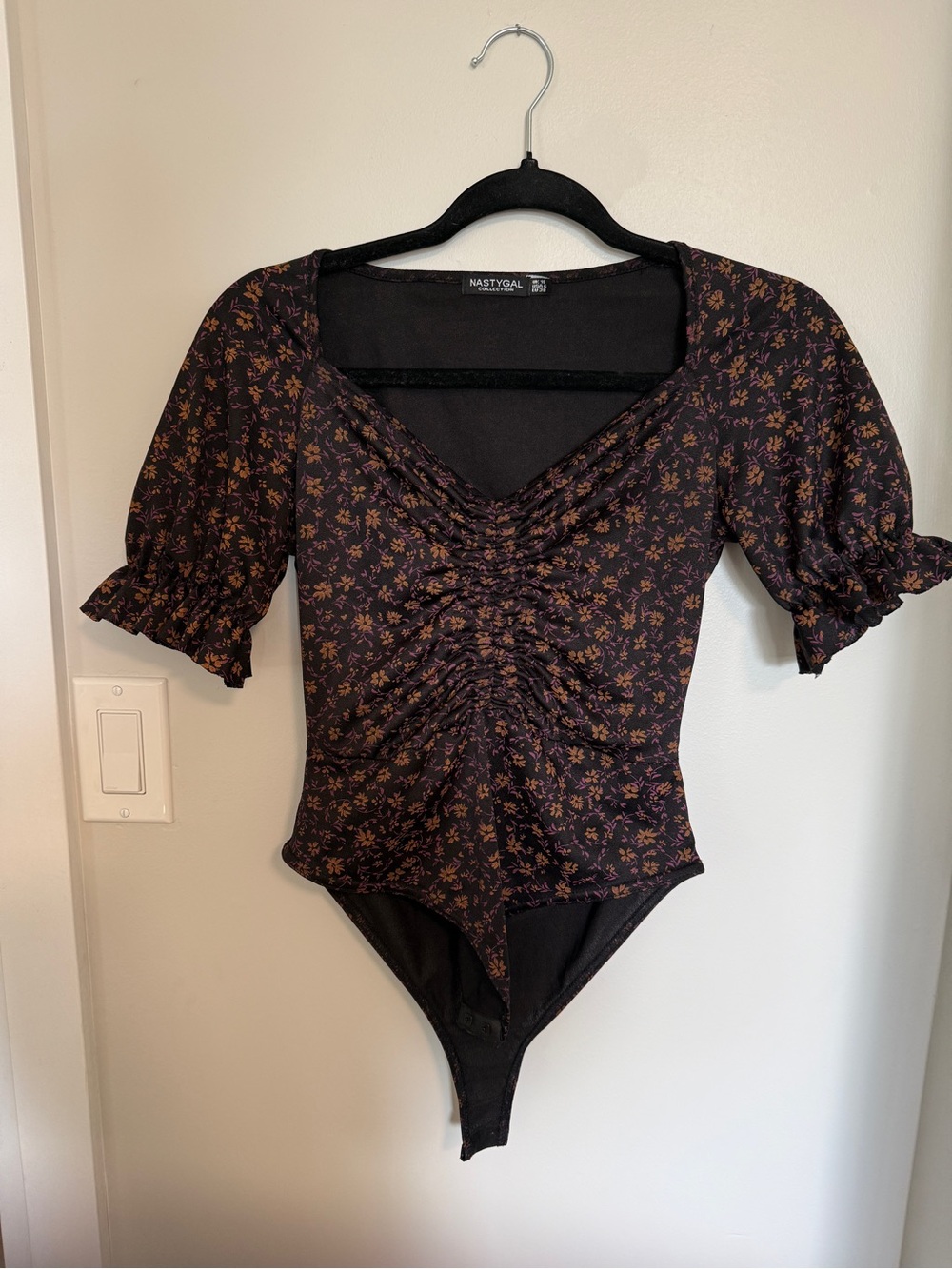Nasty Gal Black Floral Ruched Bodysuit